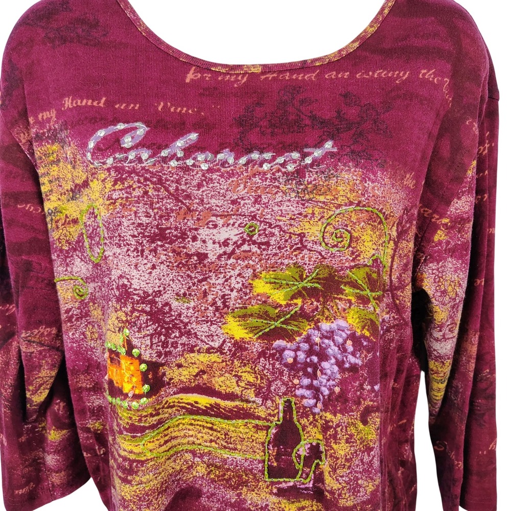 Jane Ashley Cabernet Wine Vineyard Graphic Beaded Cotton Top Womens Med Burgundy